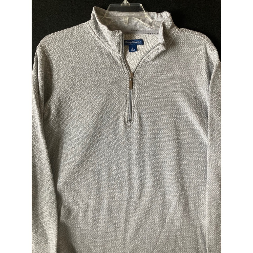 Tommy Bahama Mens XL Gray Textured Knit Quarter Zip Pullover Marlin Logo Sweater